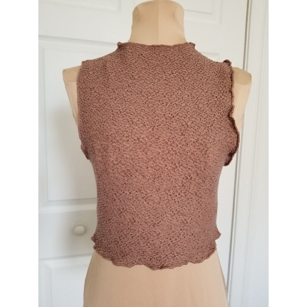 Naked Wardrobe Sleeveless Textured High-Neck Cropped Top Brown Women's Size M